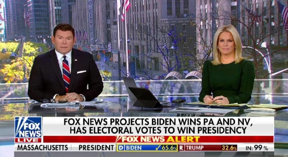 Fox News anchors Bret Baier and Martha MacCallum call Pennsylvania, and the election, for Joe Biden on Nov. 7.