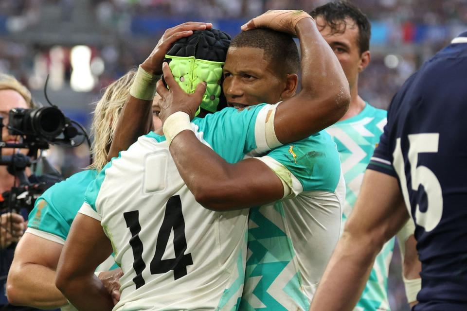 South Africa’s wing Kurt-Lee Arendse celebrates after scoring a try against Scotland (AFP via Getty Images)