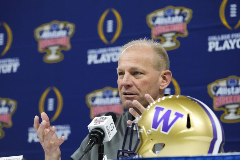 Washington head coach Kalen DeBoer speaks during media day for the the upcoming Sugar Bowl NCAA CFP college football semi-final game against Washington in New Orleans, Saturday, Dec. 30, 2023. (AP Photo/Gerald Herbert)