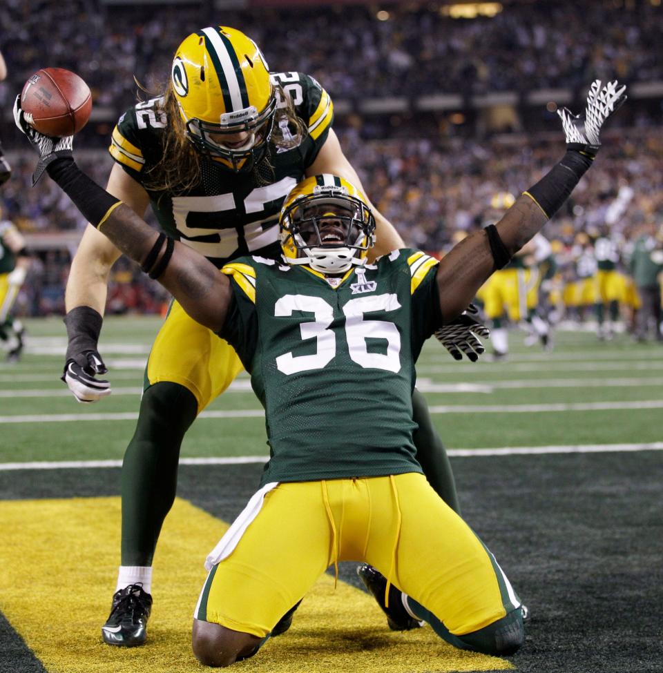 Green Bay Packers' Nick Collins celebrates with Clay Matthews during Super Bowl XLV in 2011 against the Pittsburgh Steelers.