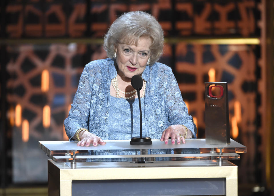 FILE - Betty White accepts the legend award at the TV Land Awards at the Saban Theatre on Saturday, April 11, 2015, in Beverly Hills, Calif. Betty White, whose saucy, up-for-anything charm made her a television mainstay for more than 60 years, has died. She was 99. (Photo by Chris Pizzello/Invision/AP, File)