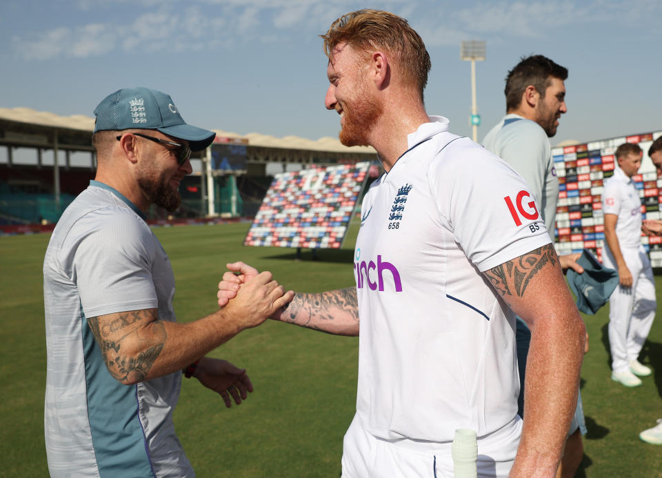 Seen here, England captain Ben Stokes and coach Brendon McCullum shake hands after clinching a series sweep against Pakistan with victory in the third Test