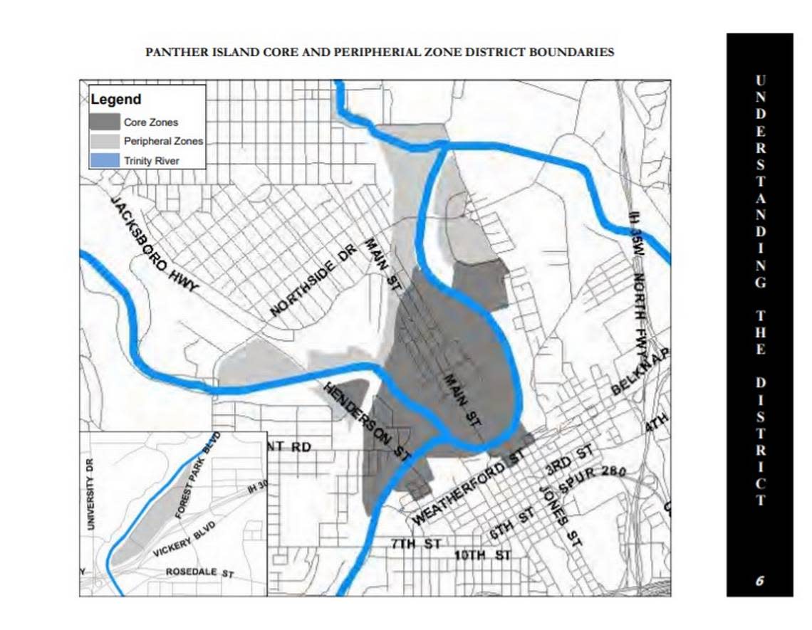 This map, pulled from a city of Fort Worth zoning document, shows both the core and peripheral zones of the Panther Island project.