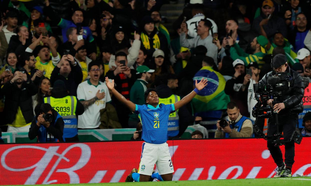 <span>Brazil's Endrick celebrates his goal at Wembley.</span><span>Photograph: Tom Jenkins/The Observer</span>