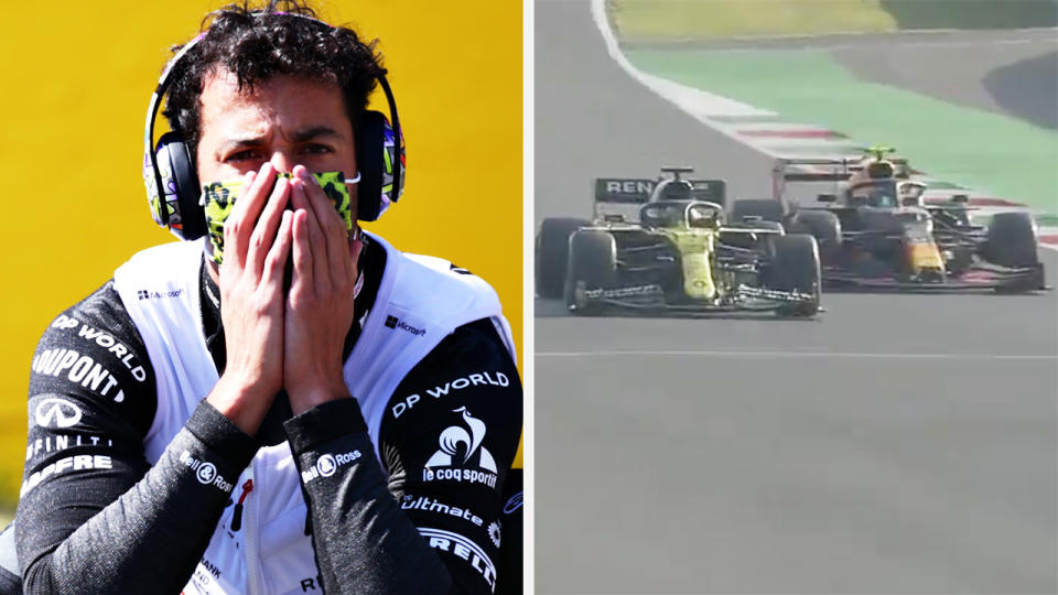 A 50-50 split image shows Daniel Ricciardo on the left and a an image of Ricciardo being overtaken by Alex Albon on the right.