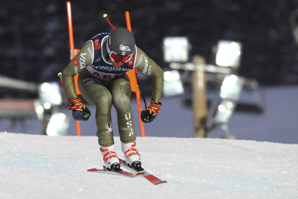 United States' Ryan Cochran Siegle speeds down the course during the downhill portion of the men's combined, at the alpine ski World Championships in Are, Sweden, Monday, Feb.11, 2019. (AP Photo/Marco Trovati)