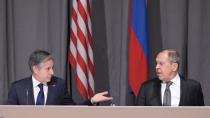 US Secretary of State Antony Blinken, left, and Russian Foreign Minister Sergey Lavrov meet on the sidelines of an Organization for Security and Co-operation in Europe (OSCE) meeting, in Stockholm, Sweden, Thursday, Dec. 2, 2021. (Jonathan Nackstrand/Pool Photo via AP)