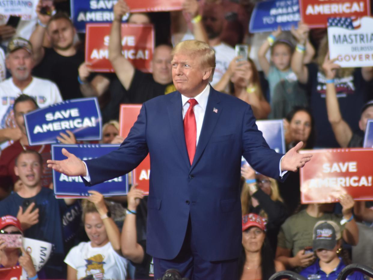 WILKES-BARRE, PENNSYLVANIA, USA - SEPTEMBER 3, 2022: Former President of the United States Donald J. Trump delivers remarks at a Save America rally in Wilkes-Barre, Pennsylvania on September 3, 2022. Former President of the United States Donald J. Trump commented on the FBI raid at Mar-a-Lago in Palm Beach, Florida to the crowd. (Photo by Kyle Mazza/Anadolu Agency via Getty Images)