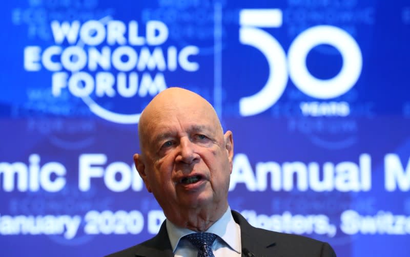 Klaus Schwab, founder and Executive Chairman of the World Economic Forum, addresses a news conference ahead of the Davos annual meeting in Cologny near Geneva