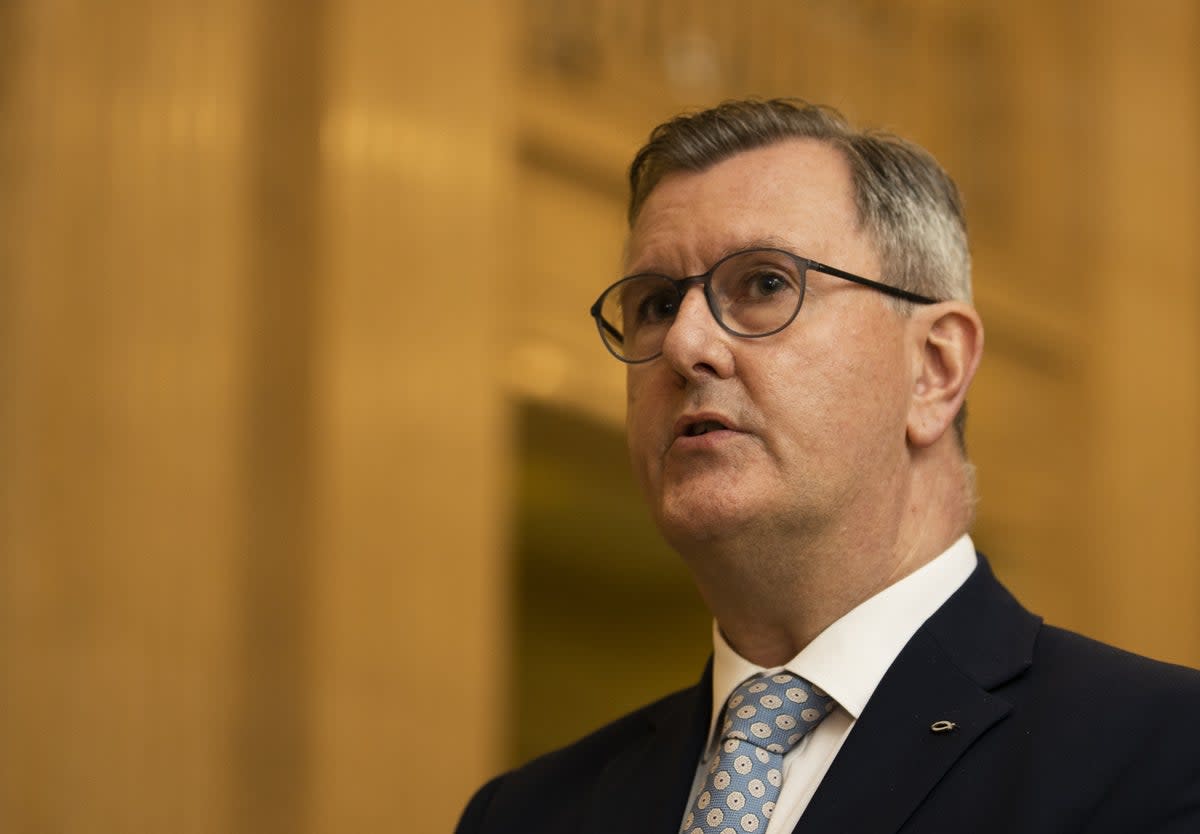 DUP leader Sir Jeffrey Donaldson speaks to the media in the Great Hall at Parliament Buildings, Stormont, Belfast as the Bill to amend the Northern Ireland Protocol is introduced in Parliament amid controversy over whether the legislation will break international law (Liam McBurney/PA) (PA Wire)