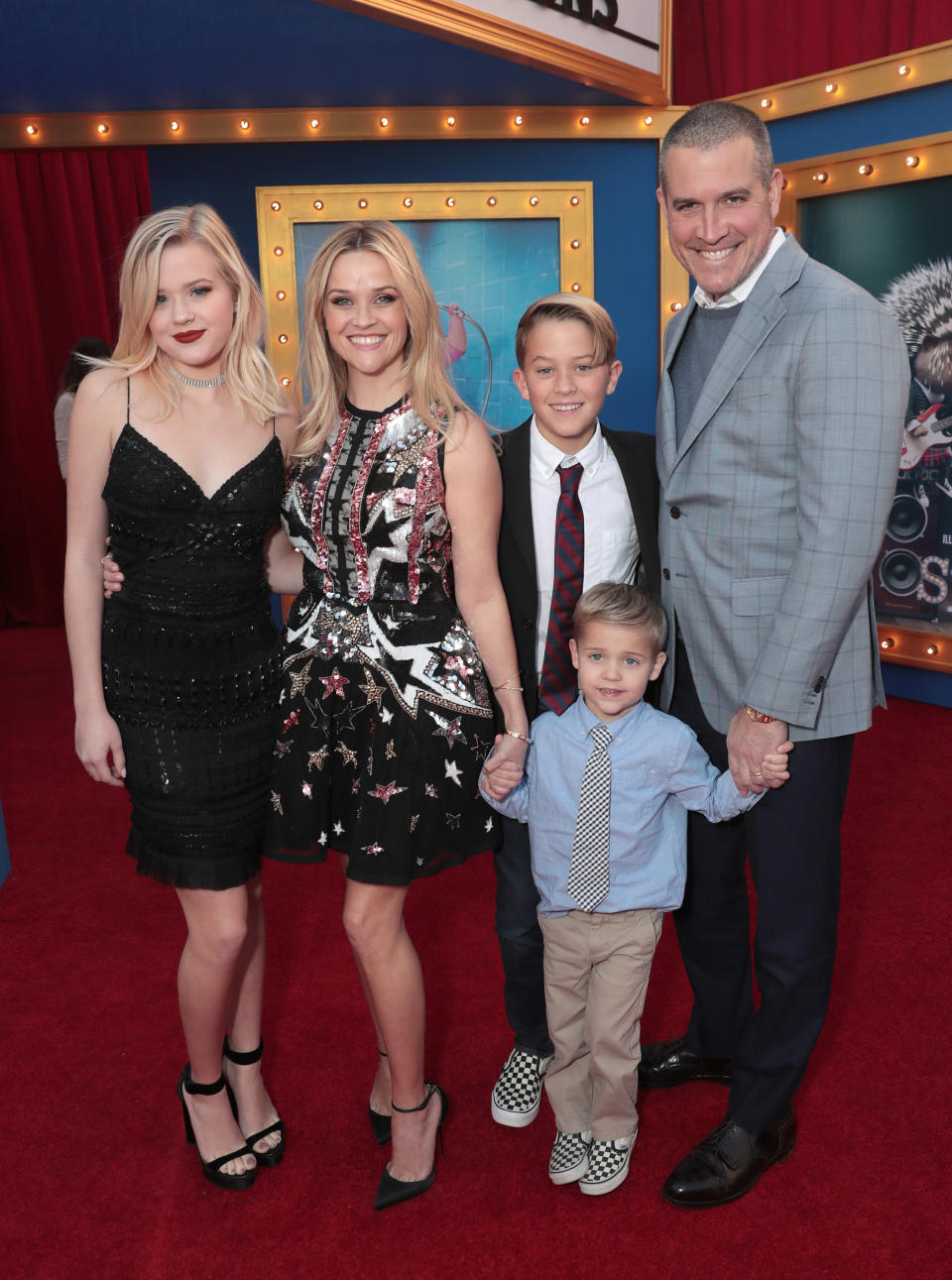 Ava Phillippe, Reese Witherspoon, Deacon Phillippe, Tennessee James Toth and Jim Toth attend the premiere Of Universal Pictures' "Sing"