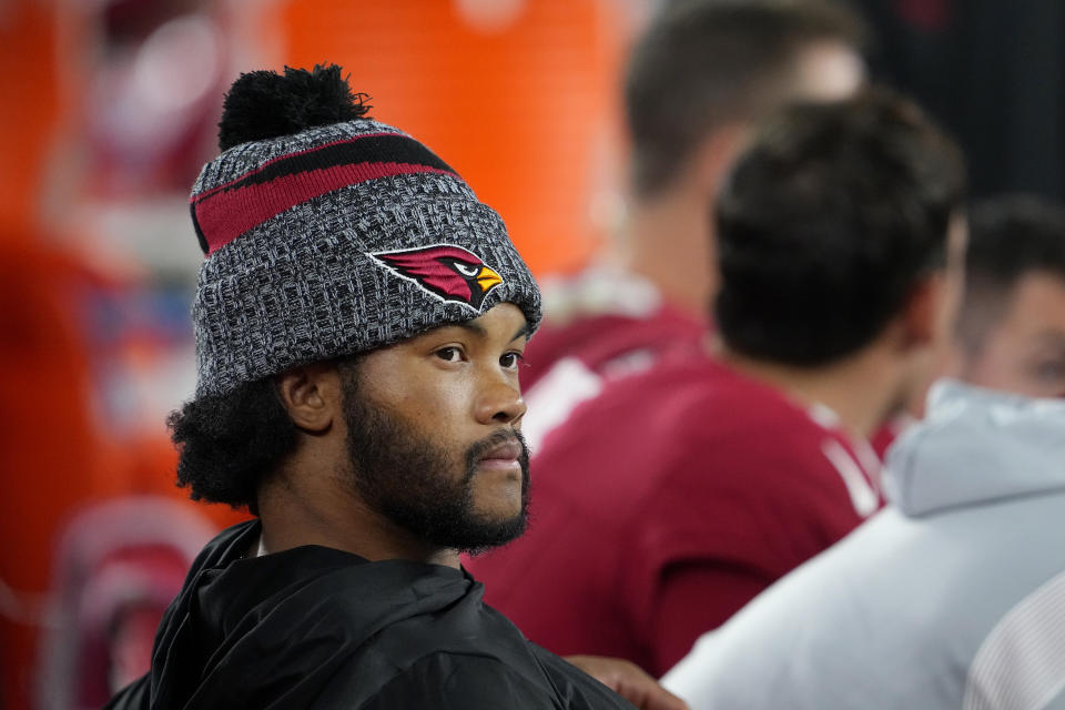 Arizona Cardinals quarterback Kyler Murray watches from the bench during the first half of an NFL preseason football game against the Denver Broncos in Glendale, Ariz., Friday, Aug. 11, 2023. (AP Photo/Matt York)