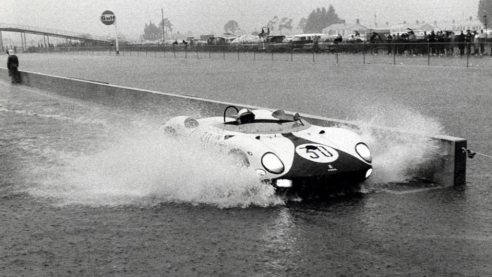 A scene from the flooded Ferrari pits during the Sebring 12 Hours race in 1965.