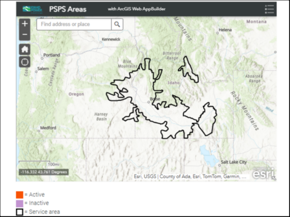 Idaho Power offers this interactive map at IdahoPower.com showing where any public safety power shutoff, or PSPS, would be located. Inactive areas would also be shown if they have no wildfires but have high fire risk. This image is zoomed out enough to show the entire Idaho Power service area inside the black border. No areas were marked when this screenshot was taken Thursday.