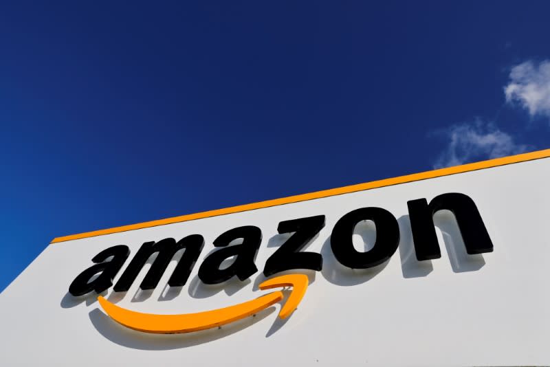 FILE PHOTO: The logo of Amazon is seen at the company logistics centre in Boves