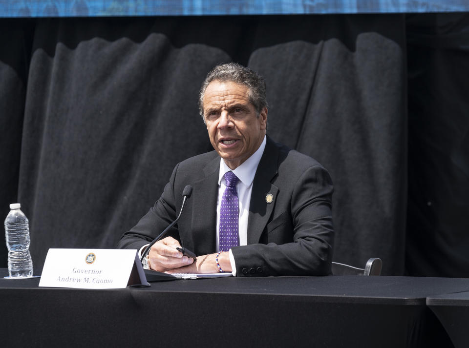 Governor Andrew Cuomo holds daily press briefing at the foot of Mario Cuomo Bridge in Tarrytown. Cuomo is opening up a  "shared use path" for pedestrians and bike riders. The path is 3.6 miles long and features 6 scenic overlooks, public art and interactive displays. (Photo by Lev Radin/Pacific Press/LightRocket via Getty Images)