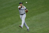 New York Yankees third baseman Gio Urshela throws to first base after fielding a single by Philadelphia Phillies' Andrew McCutchen during the third inning of a baseball game Thursday, Aug. 6, 2020, in Philadelphia. (AP Photo/Matt Slocum)