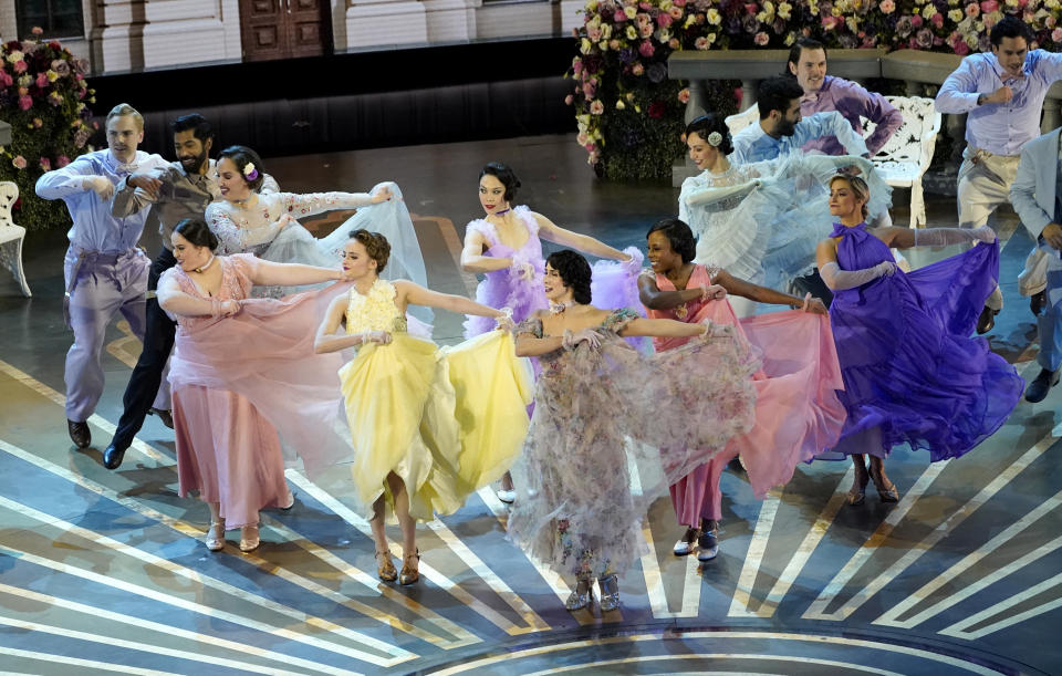 A performance of the song "Naatu Naatu" from "RRR" at the Oscars on Sunday, March 12, 2023, at the Dolby Theatre in Los Angeles. (AP Photo/Chris Pizzello)