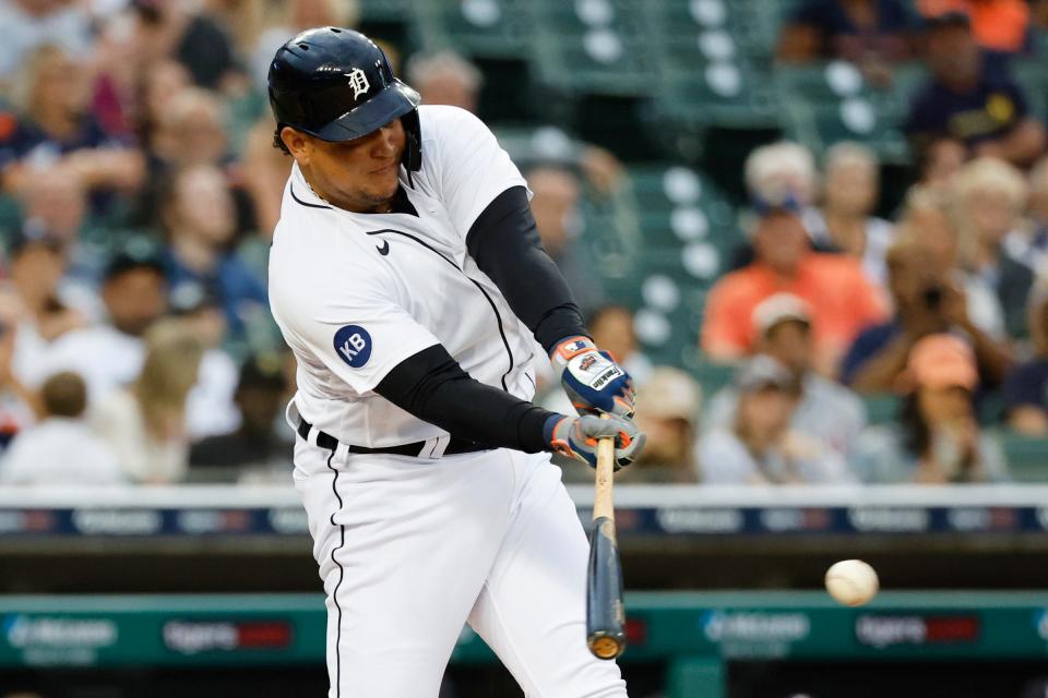 Tigers designated hitter Miguel Cabrera hits a single in the second inning on Tuesday, Aug. 30, 2022, at Comerica Park.