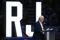Buffalo Sabres play-by-play announcer Rick Jeaneret addresses the crowd prior to an NHL hockey game against the Nashville Predators, Friday, April 1, 2022, in Buffalo, N.Y. (AP Photo/Jeffrey T. Barnes)