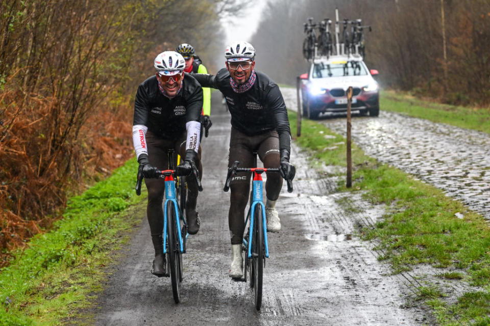 ROUBAIX FRANCE  APRIL 06 LR Antoine Raugel of France and Greg Van Avermaet of Belgium and Ag2R Citron Team during the ParisRoubaix 2023 Training Day 1  UCIWT  on April 06 2023 in Roubaix France Photo by Luc ClaessenGetty Images