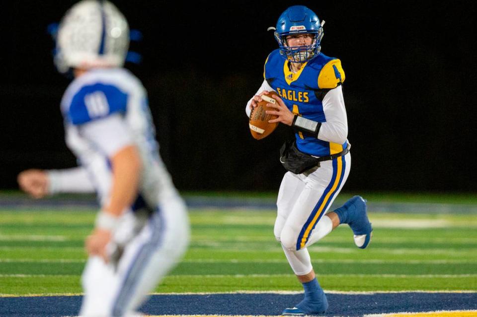 Resurrection quarterback Luke Schnoor looks to throw a pass during a game against French Camp Academy at Gautier High School in Gautier on Friday, Nov. 3, 2023.