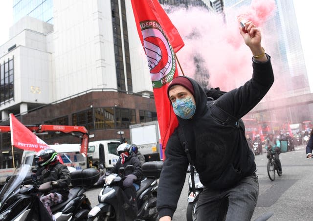 Deliveroo riders from the Independent Workers’ Union of Great Britain near Shoreditch, east London, as they go on strike