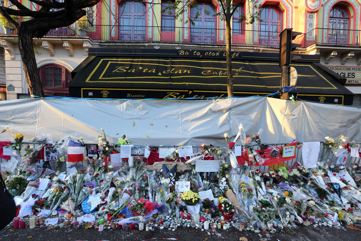 Paris Flowers at the Bataclan in memory of victims of the November 13 terrorist attack which left 130 dead. - Credit: Alain ROBERT/Apercu/SIPA/AP