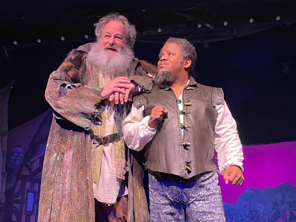 Peter Cook as Nostradamus advises Alex Valentine as Nick Bottom in the Falmouth Theatre Guild's production of "Something Rotten!"