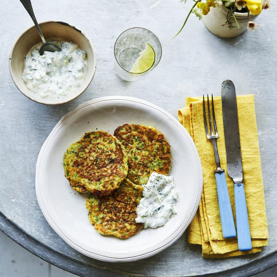 2) Courgette, mint and goat’s cheese fritters with tzatziki