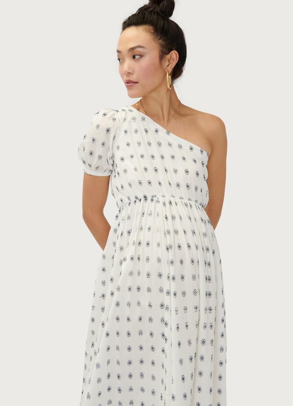 <p><strong>Hatch Collection</strong></p><p>hatchcollection.com</p><p><strong>$97.30</strong></p><p>One-shoulder dresses are so underrated. This dress from Hatch features a puffed sleeve, elastic waistband that stretches so you can wear it during pregnancy and beyond, and an embroidered crosshatch design. </p><p><strong>Sizes: 0 - 16</strong></p>