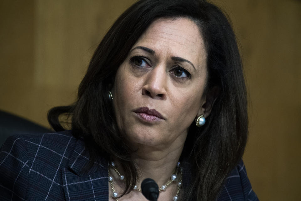 FILE - In this Thursday, June 25, 2020 file photo, Sen. Kamala Harris, D-Calif., attends a Senate Homeland Security and Governmental Affairs Committee hearing on Capitol Hill in Washington. On Friday, July 3, 2020, The Associated Press reported on stories circulating online incorrectly asserting Harris said on June 18 that once President Trump is no longer in office “and we have regained our rightful place in the White House,” his supporters will feel the “vengeance of a nation.” This fabricated quote originated in the satirical website Bustatroll.org in 2019 and is making the rounds again — but this time, people are sharing it as true. (Tom Williams/Pool via AP)