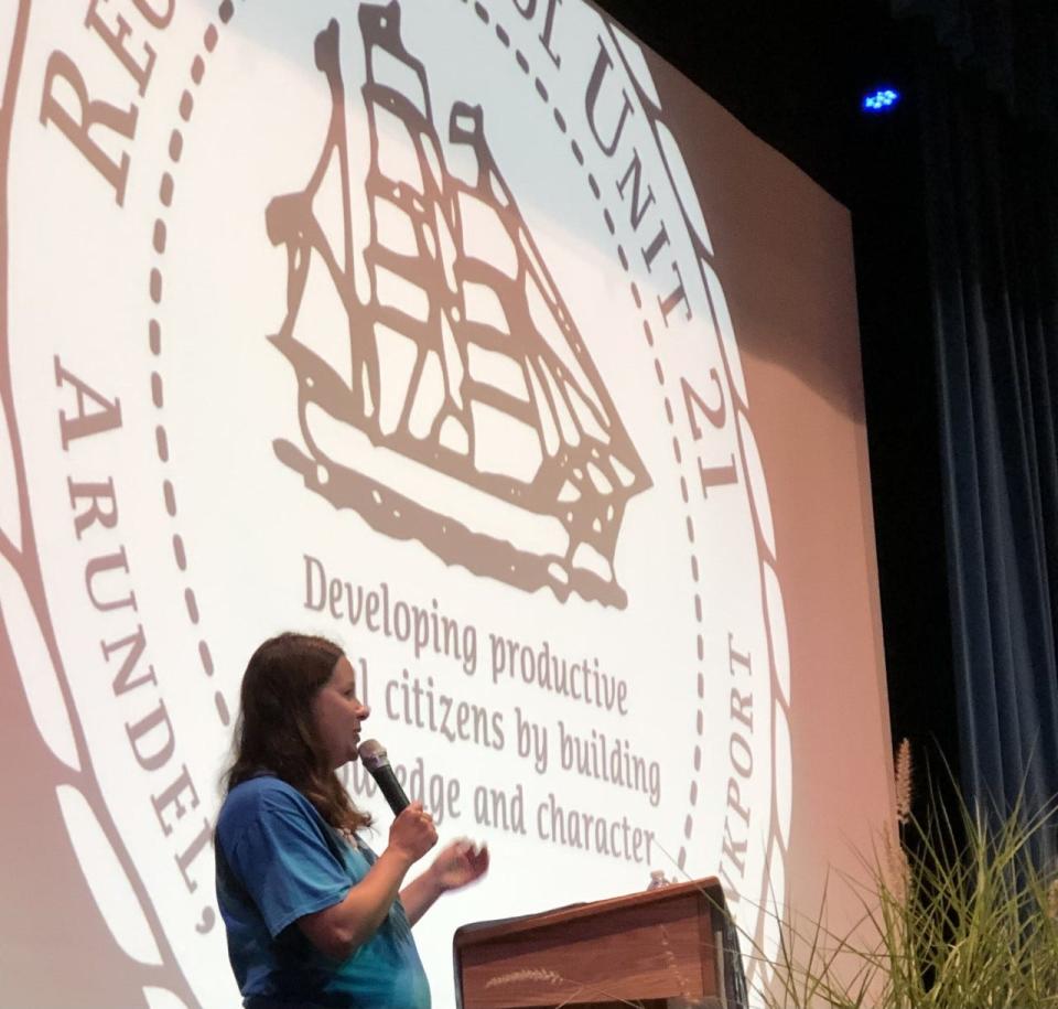 RSU 21 School Board Director Dawn Therrien offers opening remarks to kick off a symposium at Kennebunk High School on Thursday, Aug. 25, 2022.