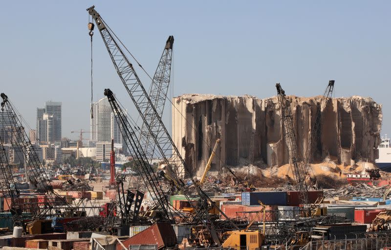A view shows the grain silo that was damaged in a massive explosion at Beirut port