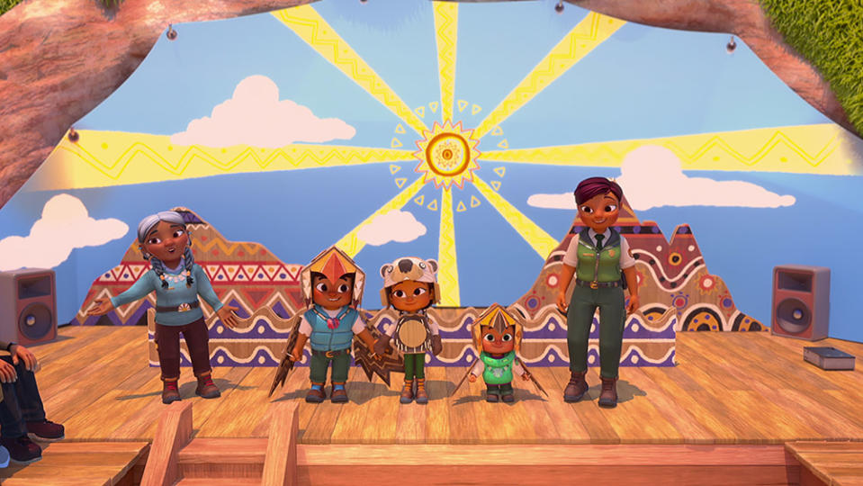 (L to R) Cree Summer as DeeDee, Wacinyeya Iwasaka Yracheta as Kodi Skycedar, Isis Celilo Rogers as Summer Skycedar, Talon Proc Alford as Eddy Skycedar and Kimberly Norris-Guerrero as Mom in Spirit Rangers.