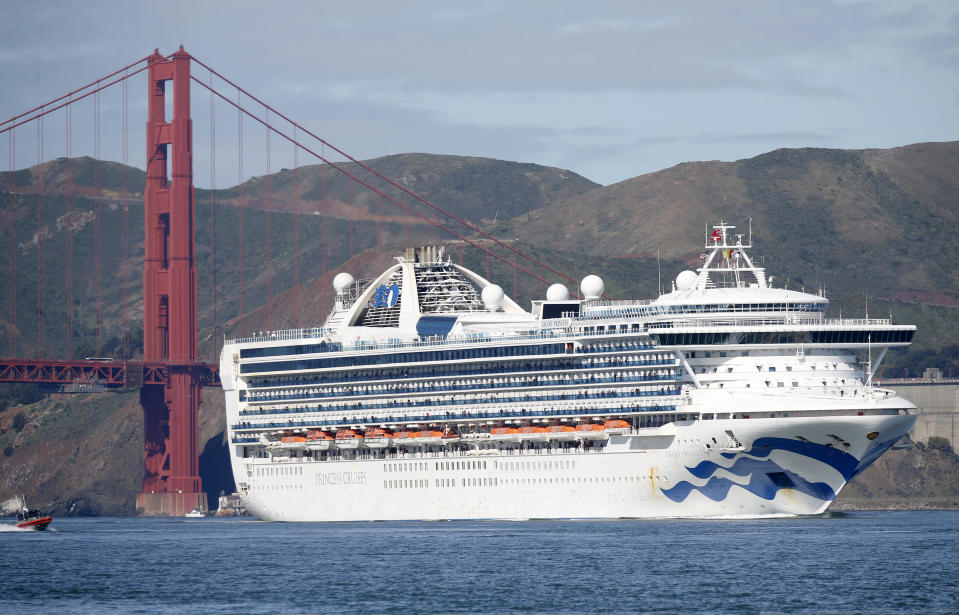 SAN FRANCISCO, CA - MARCH 09: The Grand Princess cruise ship heads to the Port of Oakland"u2019s Outer Harbor in Oakland, Calif., on Monday, March 9, 2020. Passengers on the Coronavirus-stricken ship disembarked at the port after being in a holding pattern outside the Golden Gate for several days. (Jane Tyska/Digital First Media/East Bay Times via Getty Images)