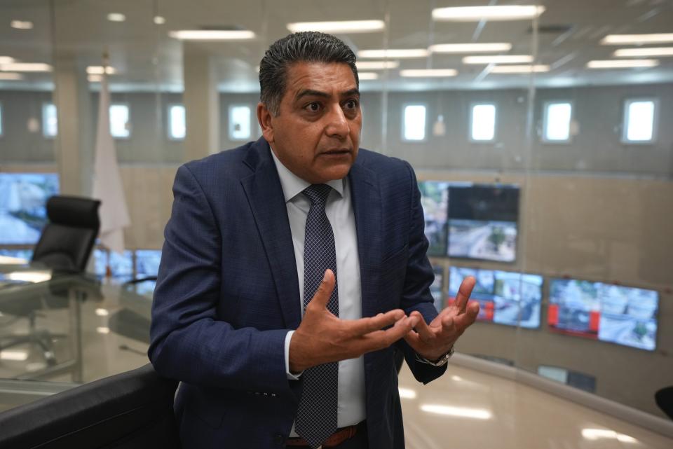 Police chief Jesús Rivera Peralta speaks during an interview at police headquarters in Celaya, Mexico, Wednesday, Feb. 28, 2024. Rivera Peralta says half of all the suspects arrested in Celaya are now between 14 and 24 years old. (AP Photo/Fernando Llano)