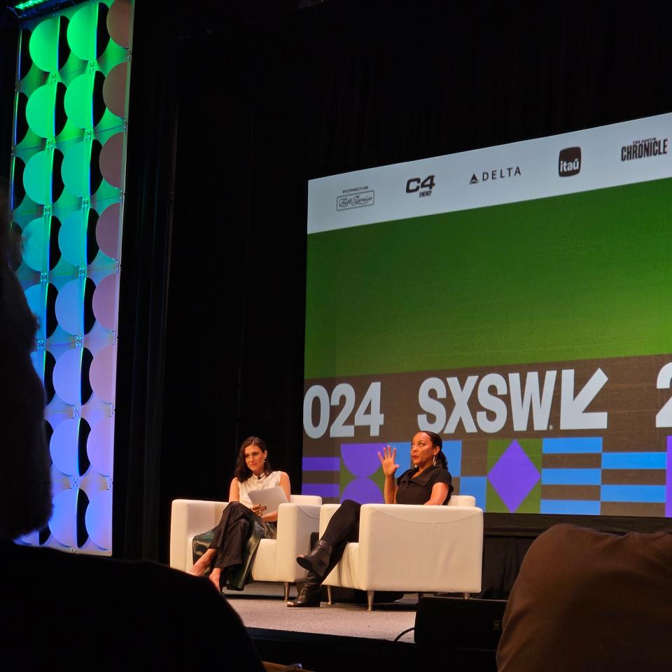 Waymo co-CEO Tekedra Mawakana, right, explored Waymo's road map for the future and its relationships with cities, including Austin, during a South by Southwest session Wednesday with journalist Laurie Sega.