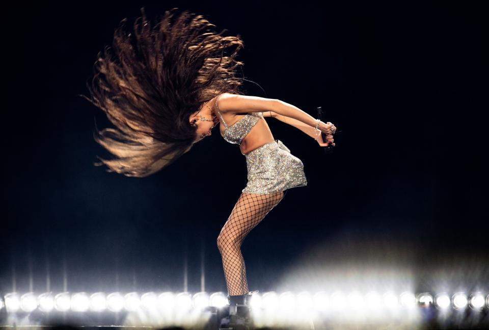 Olivia Rodrigo performing at Bridgestone Arena in Nashville, Tenn., for her Guts World Tour, Saturday, March 9, 2024. She performed a sold-out show in Milwaukee a week later.