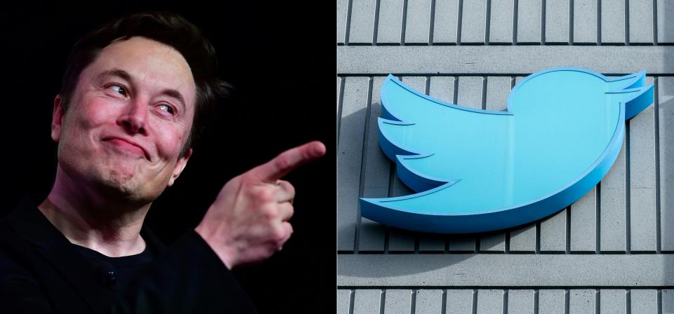 This combination of file pictures created on November 18, 2022 shows Tesla CEO Elon Musk on March 14, 2019, Hawthorne, California and the Twitter logo outside their headquarters in San Francisco, California, on October 28, 2022.