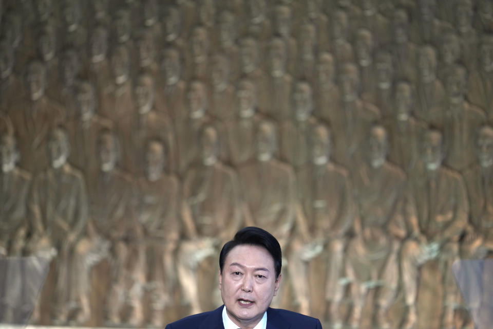 South Korea's new President Yoon Suk Yeol speaks during the 20th Presidential inaugural reception at the National Assembly in Seoul, South Korea, Tuesday, May 10, 2022. (AP Photo/Lee Jin-man, Pool)