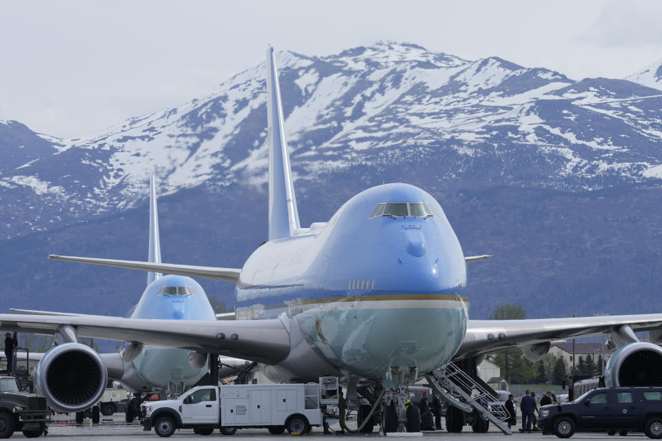 Air Force One, front, with President Joe Biden onboard, and a support plane, behind, sit on the tarmac at Elmendorf Air Force Base in Anchorage, Alaska, Sunday, May 21, 2023, during a refueling stop. Biden is returning to Washington following his trip to the G7 Summit in Hiroshima, Japan. (AP Photo/Susan Walsh)