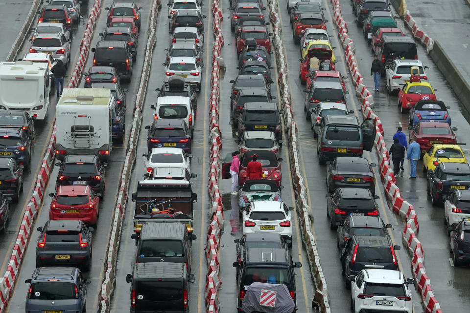 Travellers face more queue at the Port of Dover in Kent today at the start of the Easter weekend. (PA)