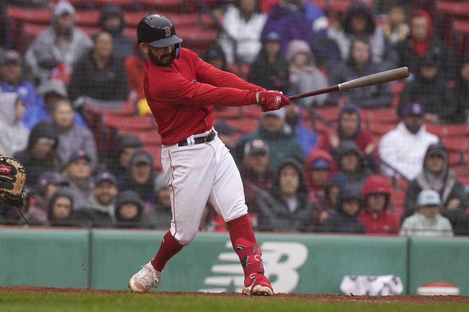 Boston Red Sox's Connor Wong hits a two-run home run off a pitch by Cleveland Guardians' Nick Sandlin in the sixth inning of a baseball game, Sunday, April 30, 2023, in Boston. (AP Photo/Steven Senne)