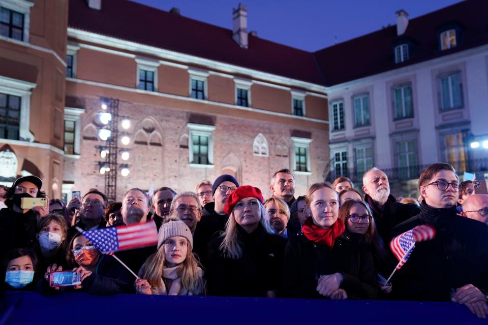 A crowd attends President Joe Biden's speech about the Russian invasion of Ukraine at the Royal Castle on March 26 in Warsaw, Poland.