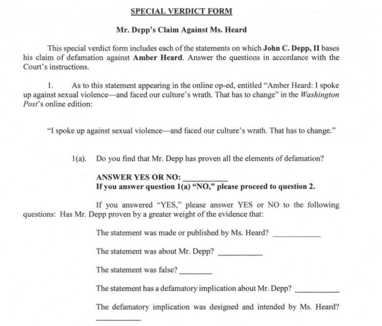 El formulario que la jueza Penney Azcarate entregó al jurado tiene ocho páginas (Crédito: Special Veredict Form/Mr. Depp's Claim Against Ms. Heard)