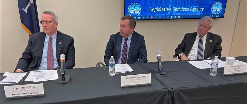 State lawmakers address the media during a legislative preview in Columbia, Monday. From left are House Speaker Pro Tempore Tommy Pope, R-York; Rep. Jay Jordan, R-Florence; and Rep. Bill Hixson, R-Edgefield.