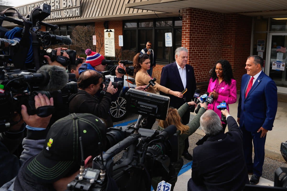 Mazi Pilip speaks to reporters after voting in Massapequa, New York (POOL/AFP via Getty Images)
