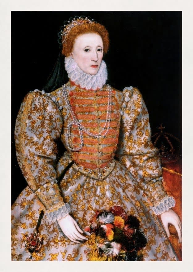 Elizabeth I painting in an elaborate gown with intricate patterns, ruff collar, and pearl accessories, holding a fan