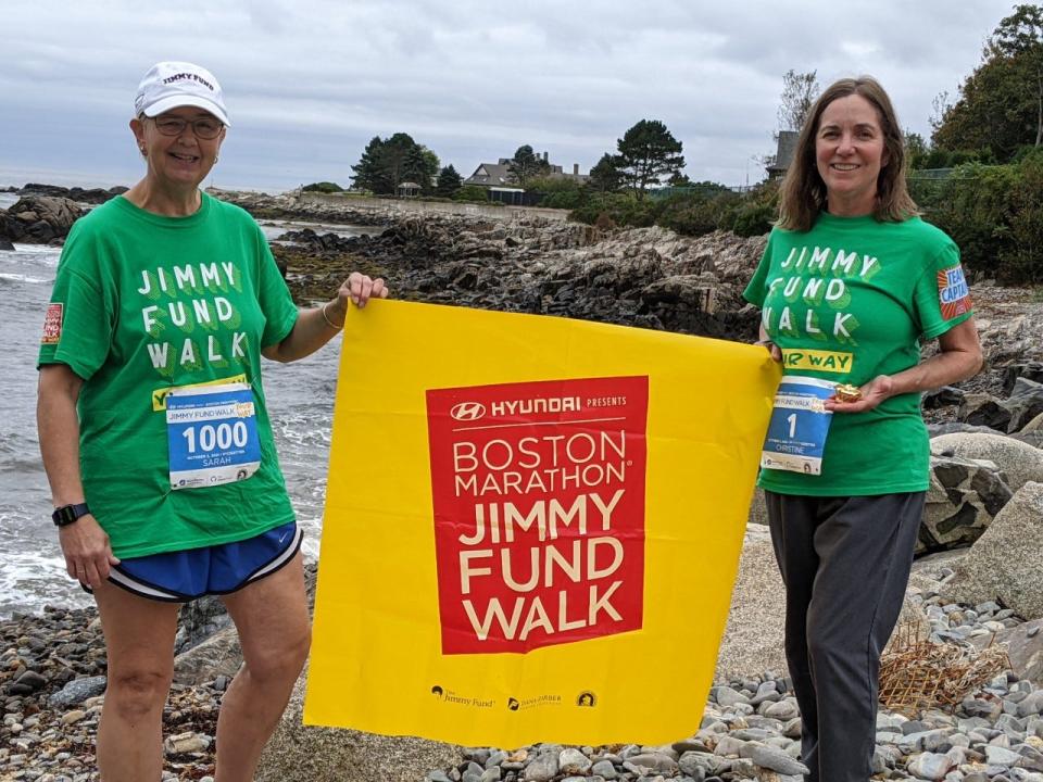 Sarah Liziewski, left, and Christine Carberry are seen here on Ocean Avenue in Kennebunkport during the Maine leg of their participation in a recent Jimmy Fund Walk to raise funds for pancreatic cancer research and resources.